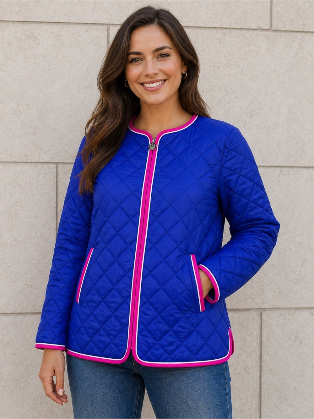 Dennis Basso Blue Quilted Puffer Jacket with Pink Trim